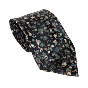 Vintage Oscar de la Renta Studio Tie Black Multicolor Geometric Print USA Retro